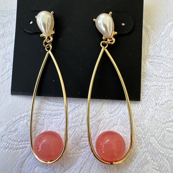 Laundry by Shelli Segal Orange Bead Pearl Goldtone Oval Hoops Dangle Drop NEW - Picture 2 of 10